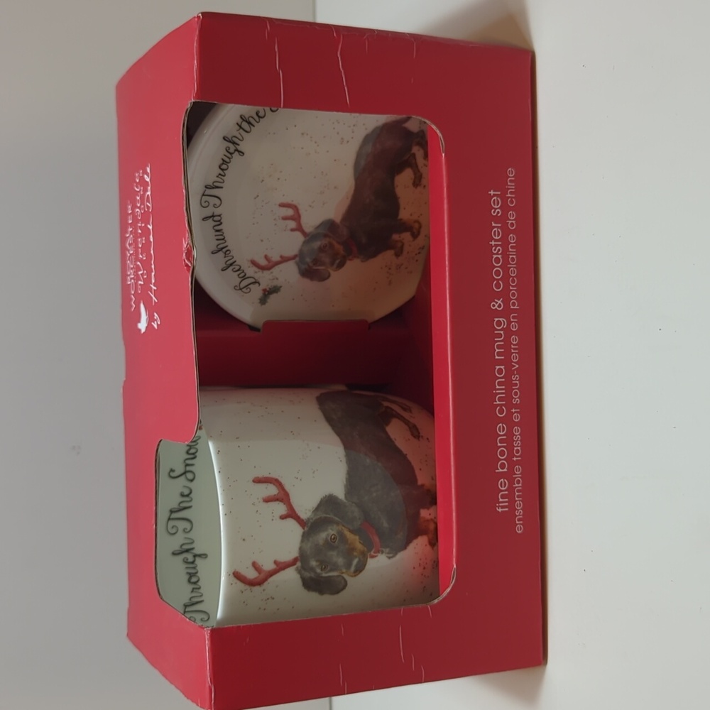 Royal Worcester Dachshund Through the Snow Mug Coaster Set Wrendale Hannah Dale